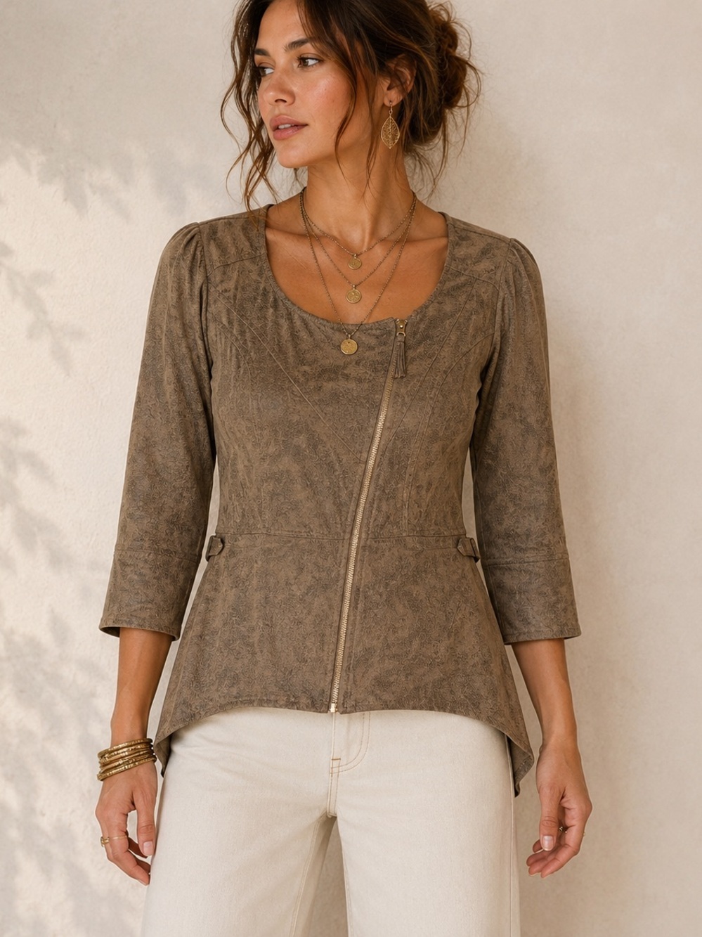 Taupe Faux Suede Asymmetrical Zip Top